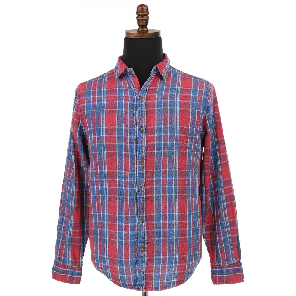Marine Layer Long Sleeve Flannel Shirt Double Cloth - Red/Blue Plaid - Medium